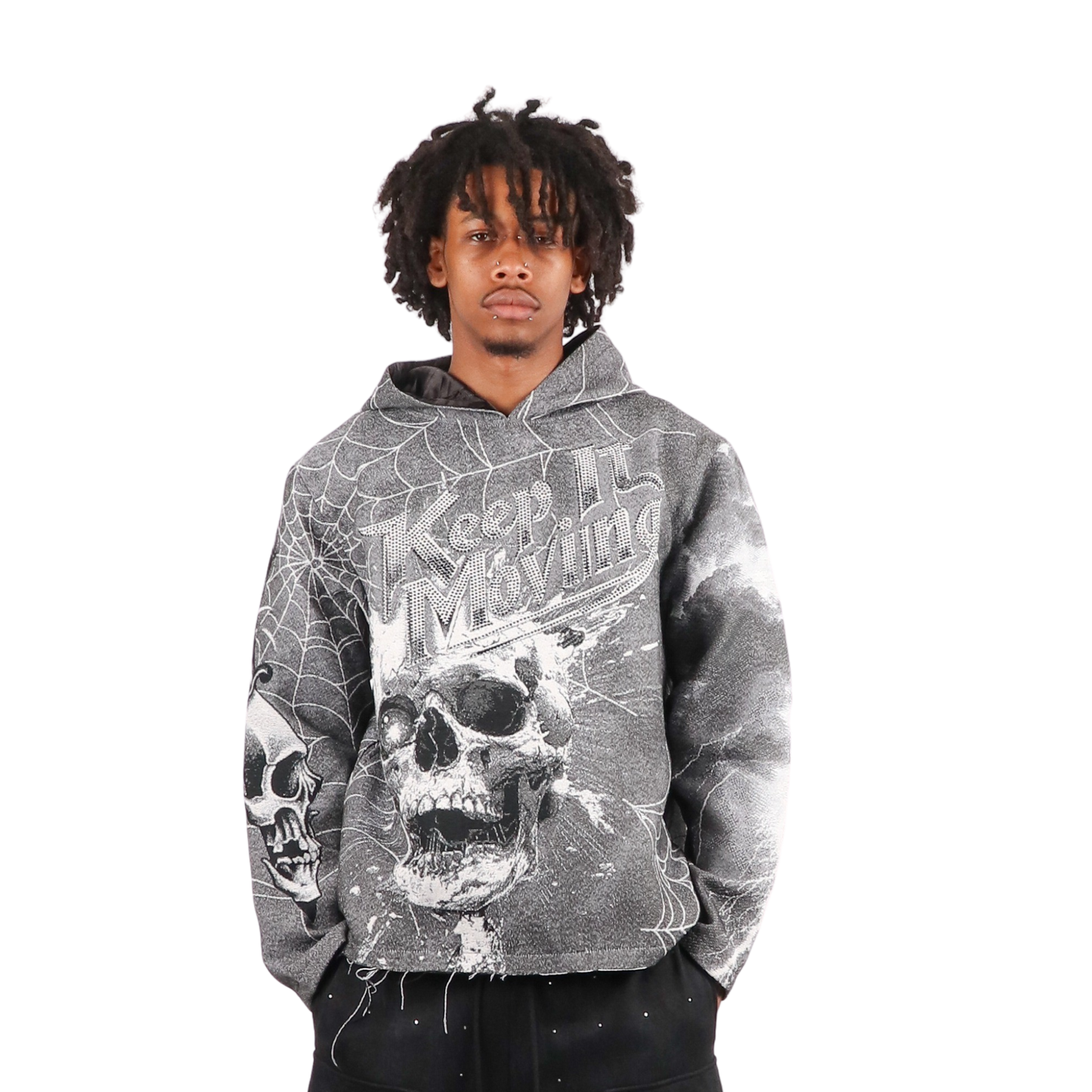 "Keep it moving" Tapestry Rhinestone Grey Hoodie