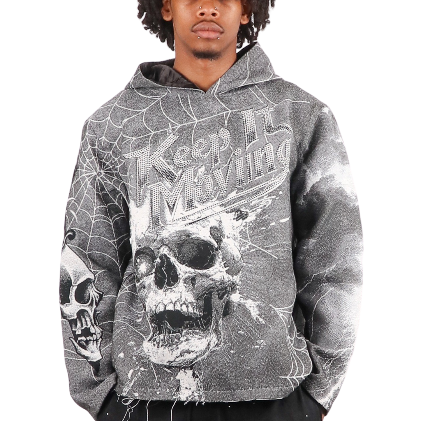 "Keep it moving" Tapestry Rhinestone Grey Hoodie