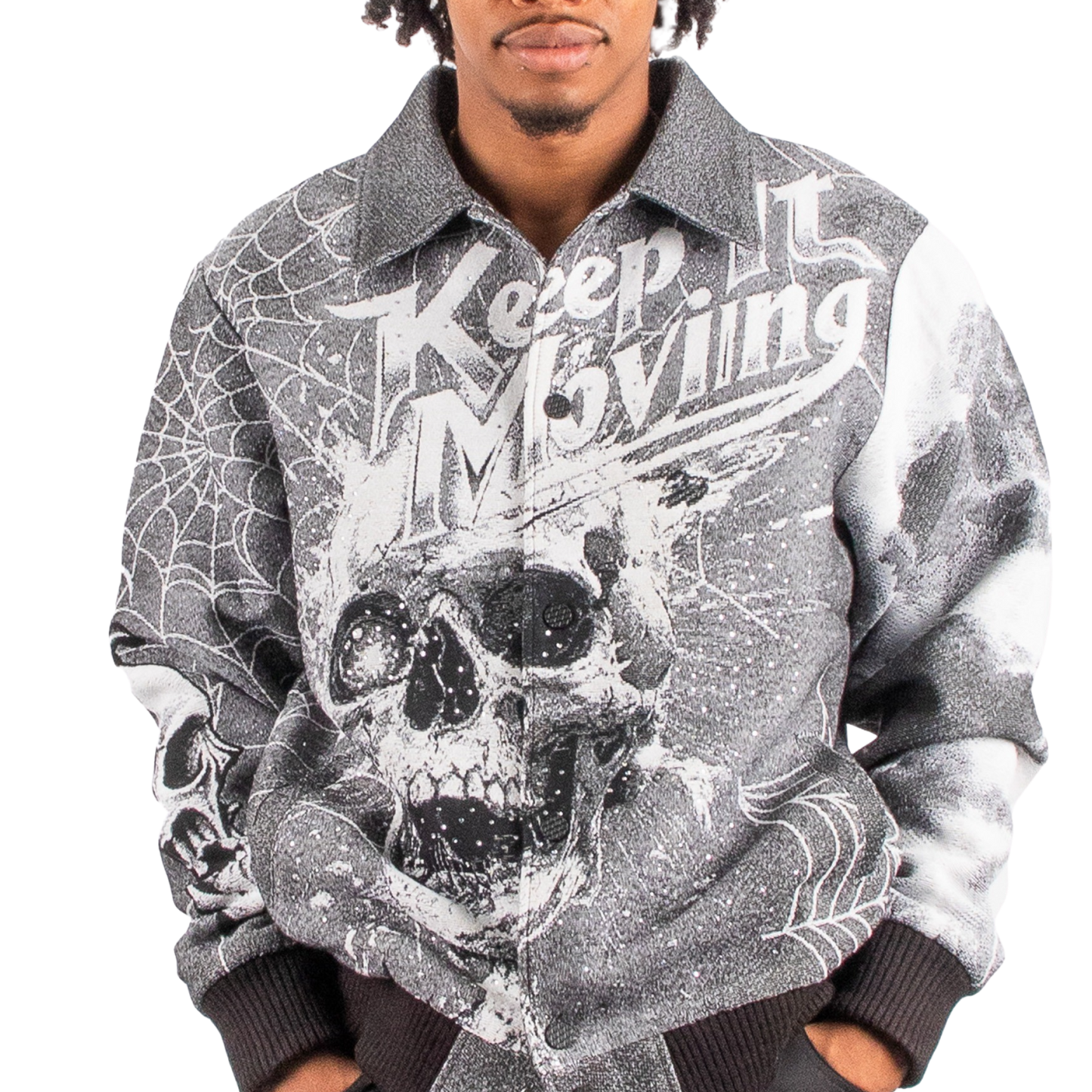 "Keep it Moving" Tapestry Rhinestone Grey jacket