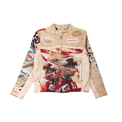 "Motorsport" Tapestry and Leather Beige Jacket