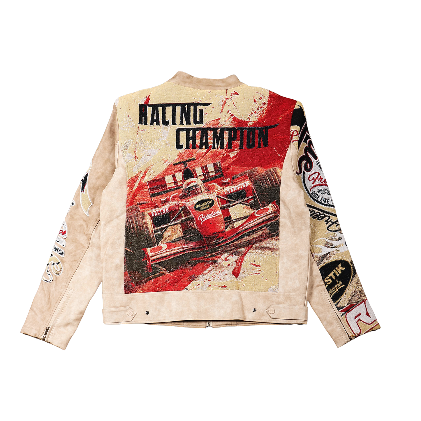 "Motorsport" Tapestry and Leather Beige Jacket