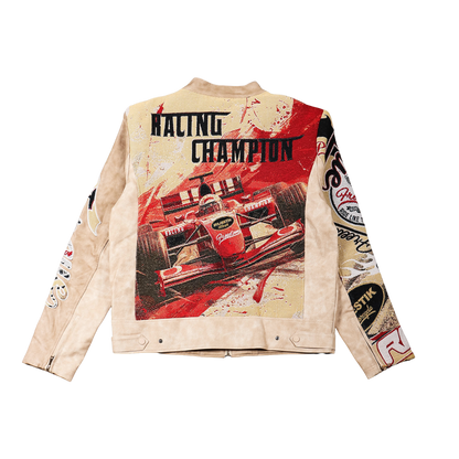 "Motorsport" Tapestry and Leather Beige Jacket