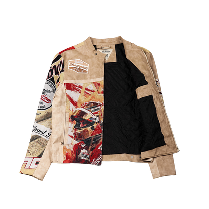 "Motorsport" Tapestry and Leather Beige Jacket