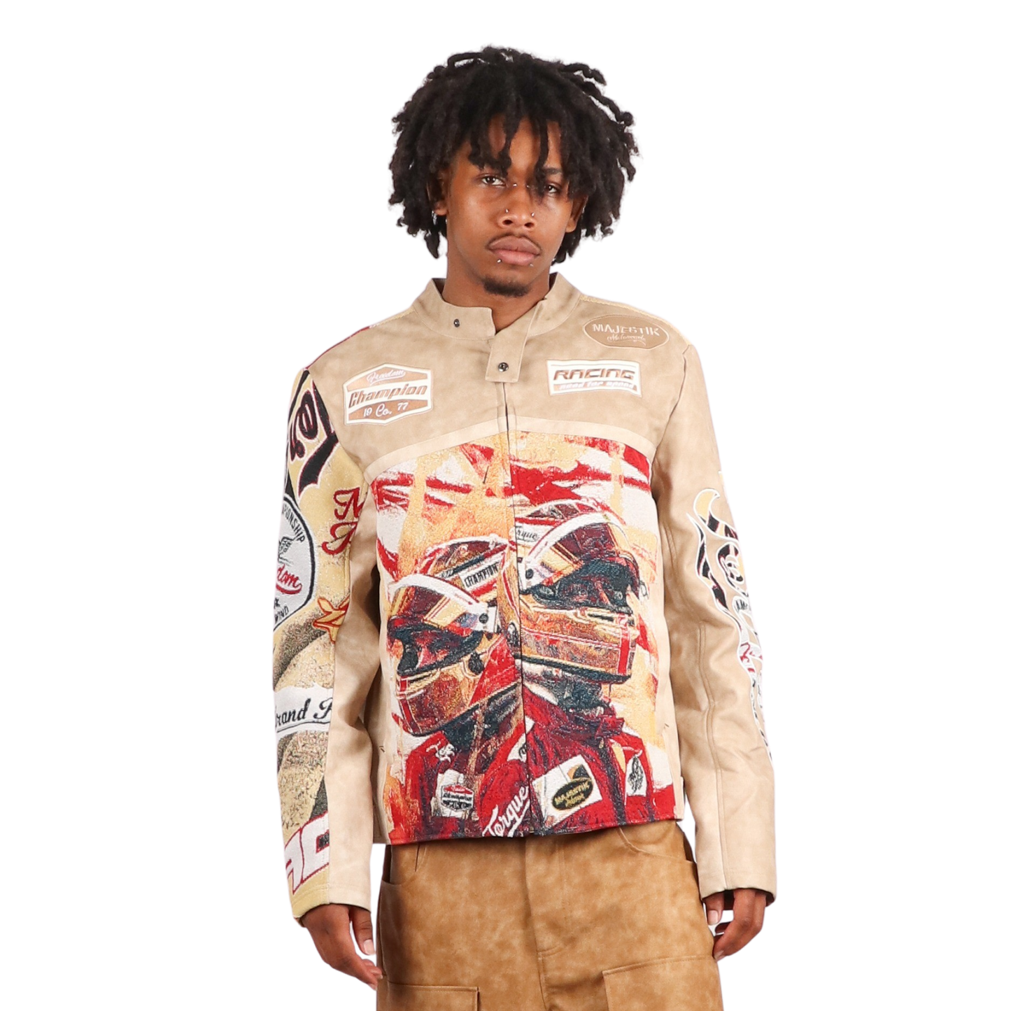 "Motorsport" Tapestry and Leather Beige Jacket