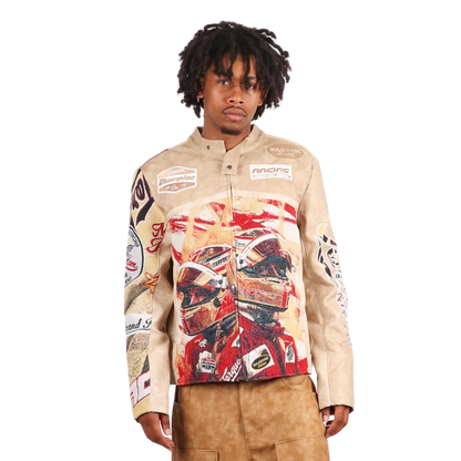 "Motorsport" Tapestry and Leather Beige Jacket