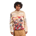 "Motorsport" Tapestry and Leather Beige Jacket