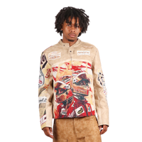 "Motorsport" Tapestry and Leather Beige Jacket