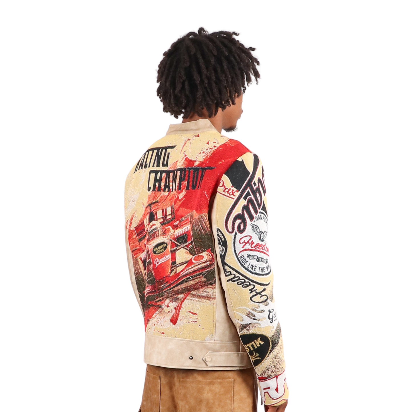 "Motorsport" Tapestry and Leather Beige Jacket