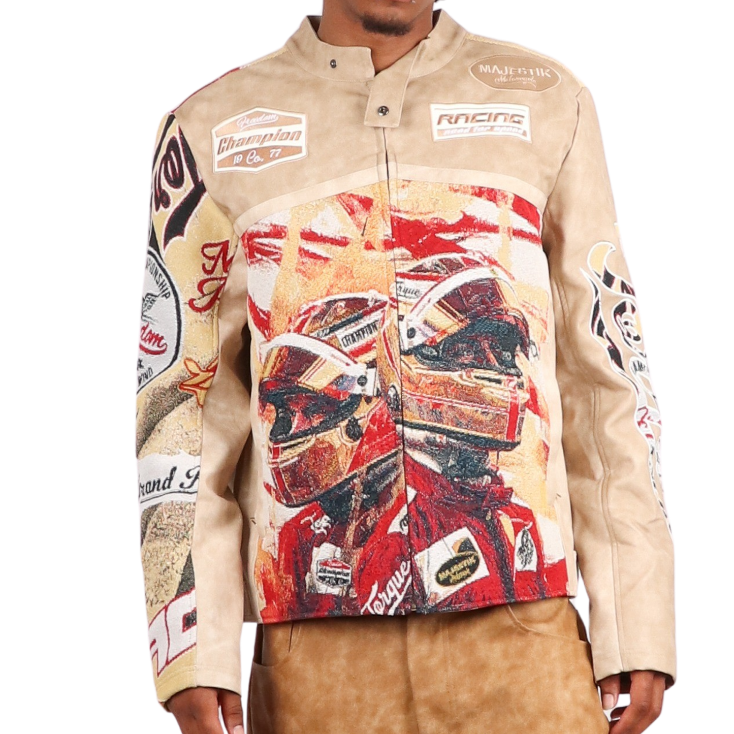 "Motorsport" Tapestry and Leather Beige Jacket