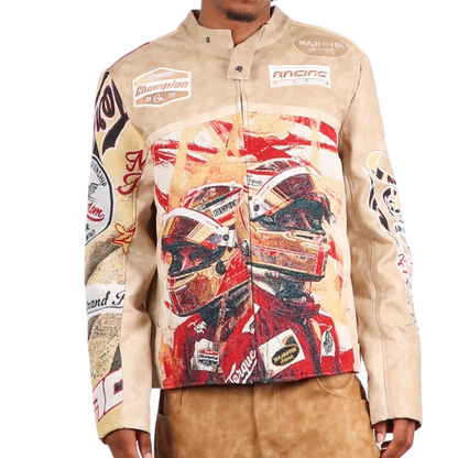 "Motorsport" Tapestry and Leather Beige Jacket