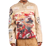 "Motorsport" Tapestry and Leather Beige Jacket