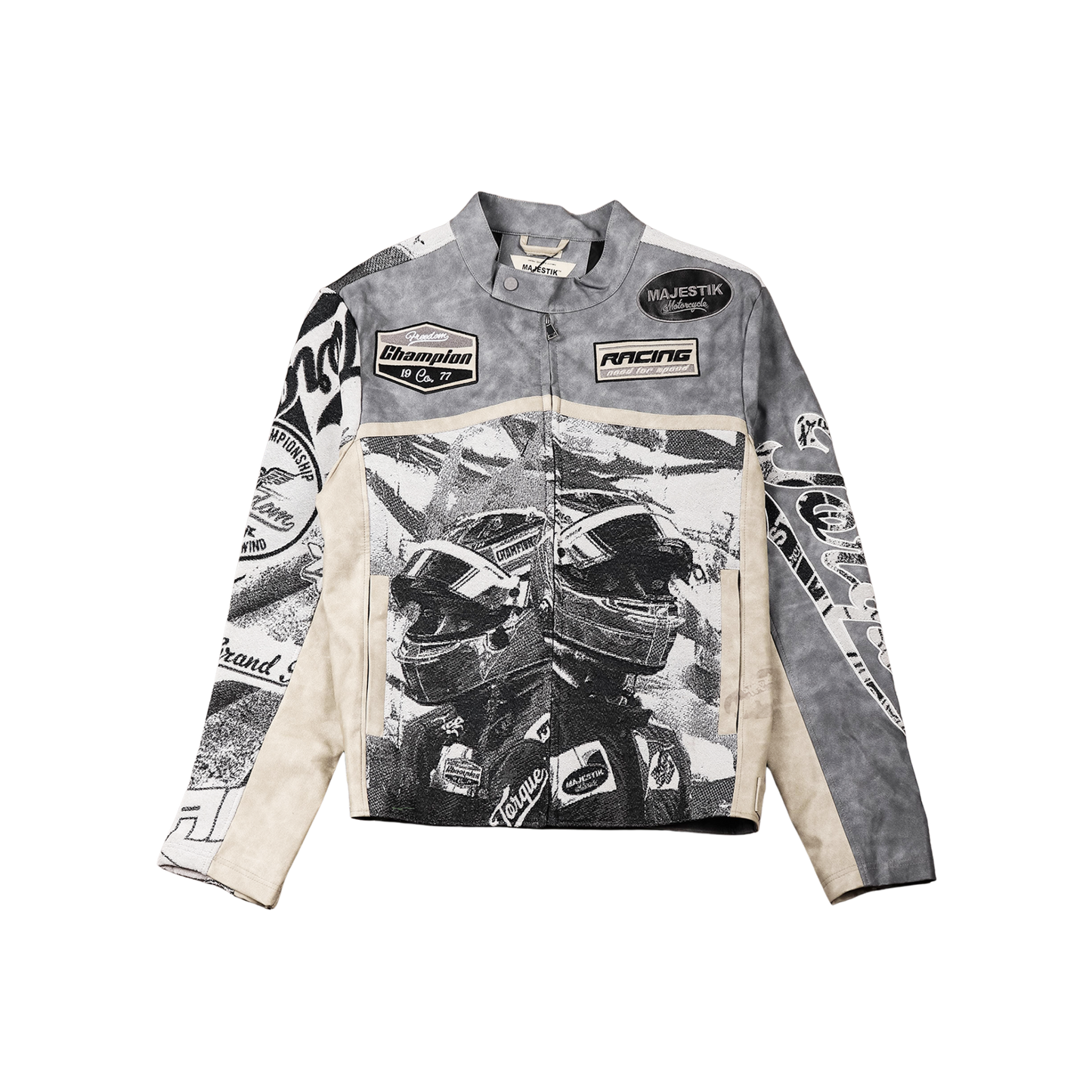 "Motorsport" Tapestry and leather Rhinestone Grey Jacket