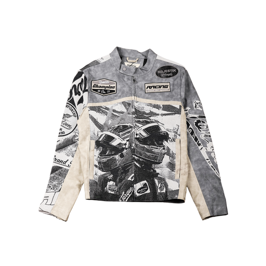 "Motorsport" Tapestry and leather Rhinestone Grey Jacket