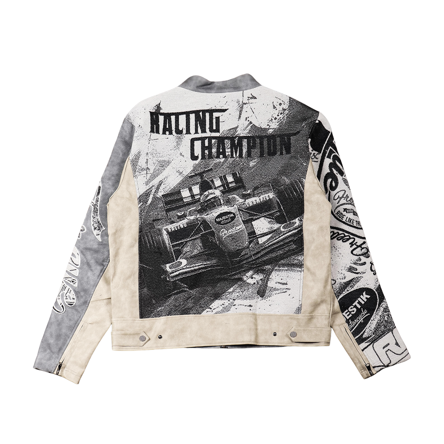 "Motorsport" Tapestry and leather Rhinestone Grey Jacket