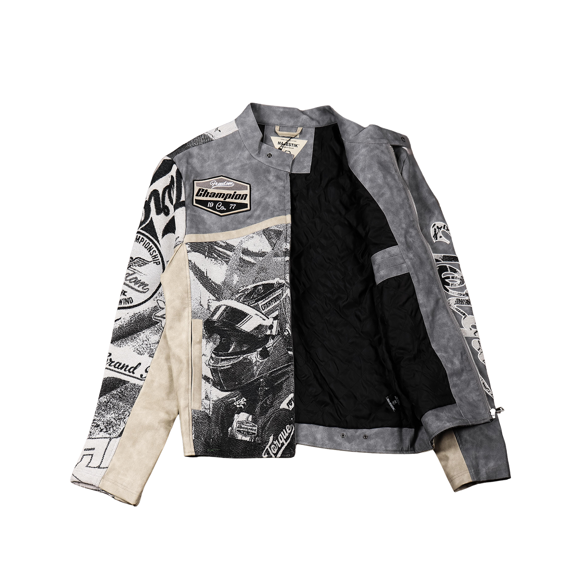 "Motorsport" Tapestry and leather Rhinestone Grey Jacket