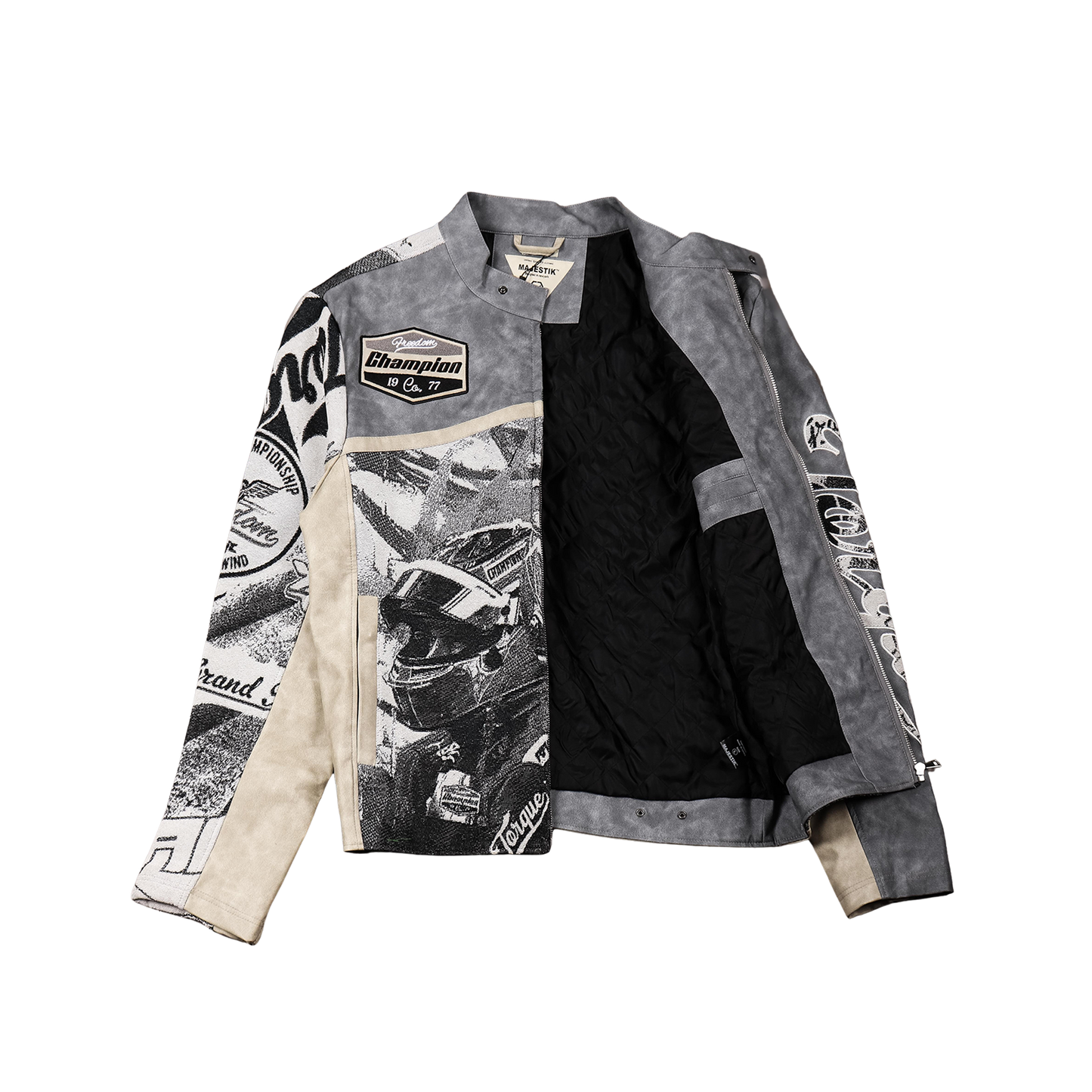 "Motorsport" Tapestry and leather Rhinestone Grey Jacket