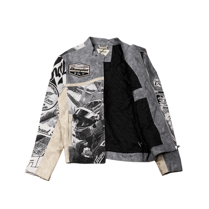 "Motorsport" Tapestry and leather Rhinestone Grey Jacket