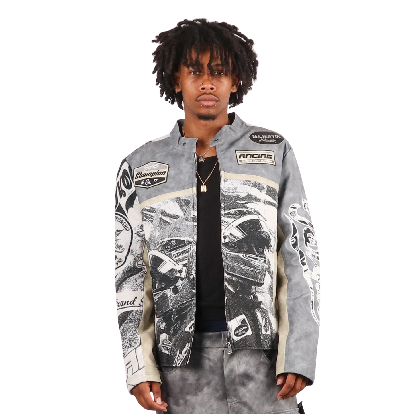 "Motorsport" Tapestry and leather Rhinestone Grey Jacket