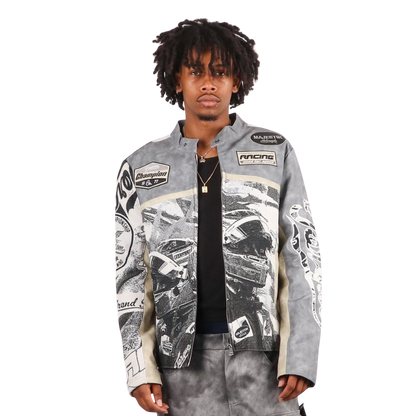 "Motorsport" Tapestry and leather Rhinestone Grey Jacket