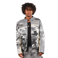 "Motorsport" Tapestry and leather Rhinestone Grey Jacket
