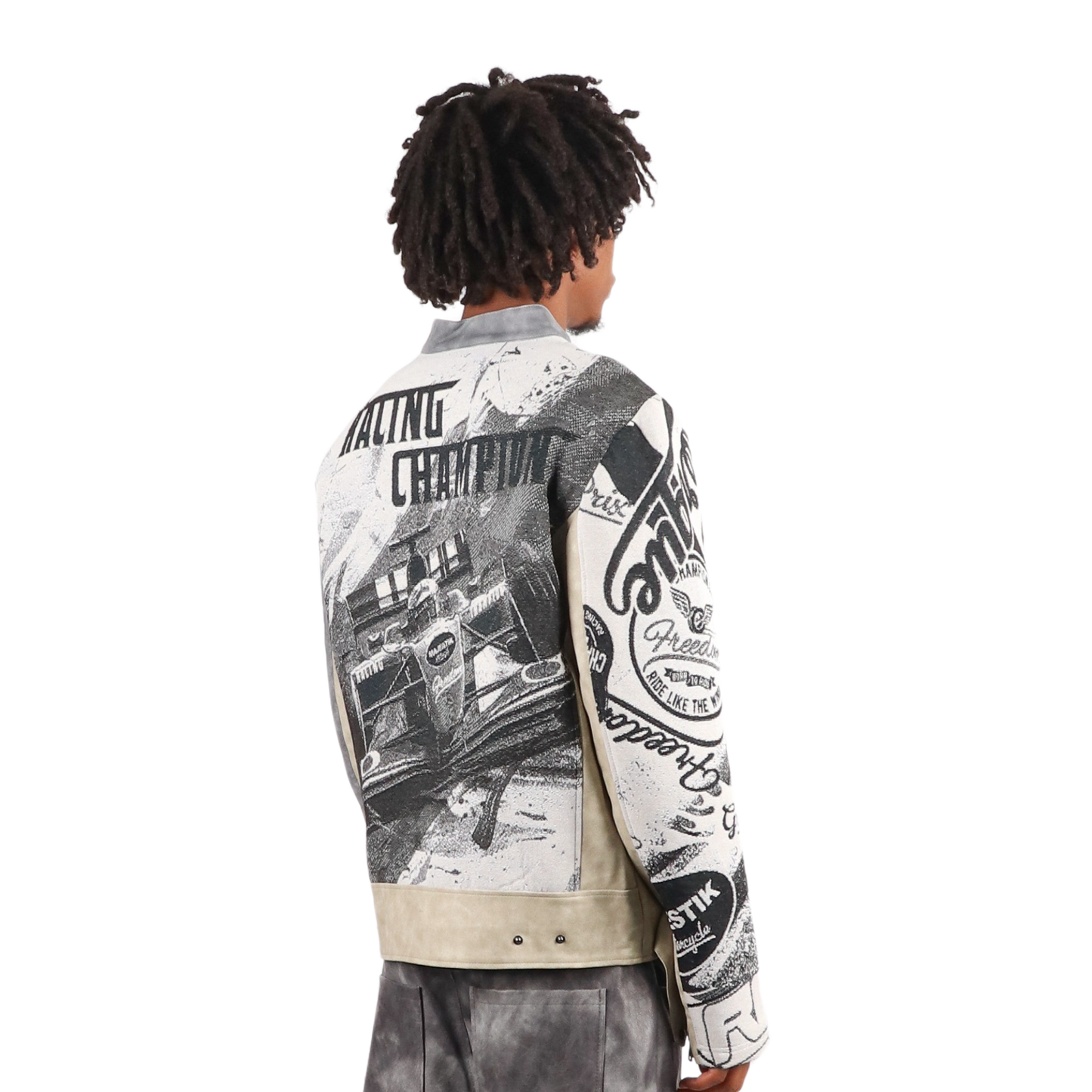 "Motorsport" Tapestry and leather Rhinestone Grey Jacket