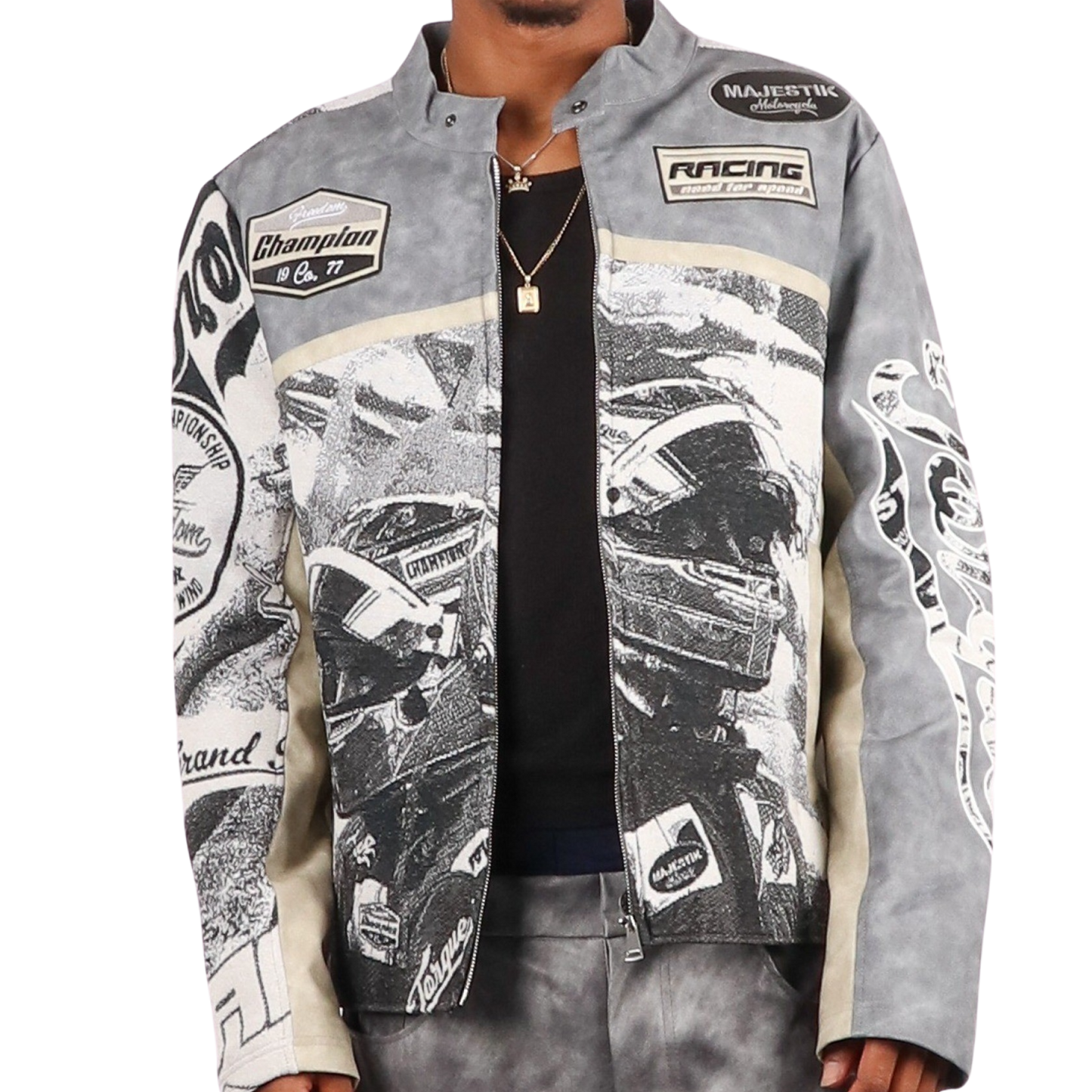 "Motorsport" Tapestry and leather Rhinestone Grey Jacket