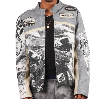 "Motorsport" Tapestry and leather Rhinestone Grey Jacket