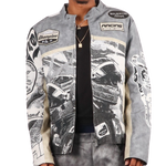 "Motorsport" Tapestry and leather Rhinestone Grey Jacket
