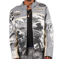"Motorsport" Tapestry and leather Rhinestone Grey Jacket