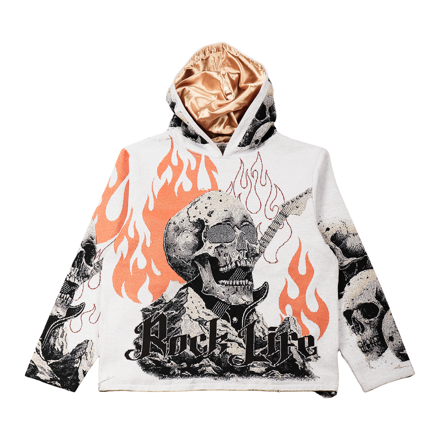 "Rock_life" Tapestry Rhinestone Beige Hoodie