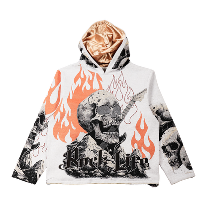 "Rock_life" Tapestry Rhinestone Beige Hoodie