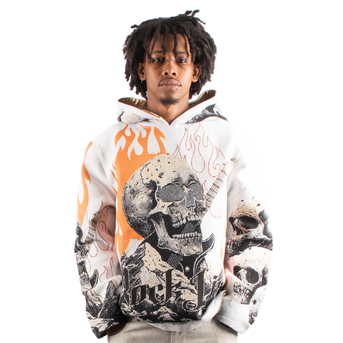 "Rock_life" Tapestry Rhinestone Beige Hoodie