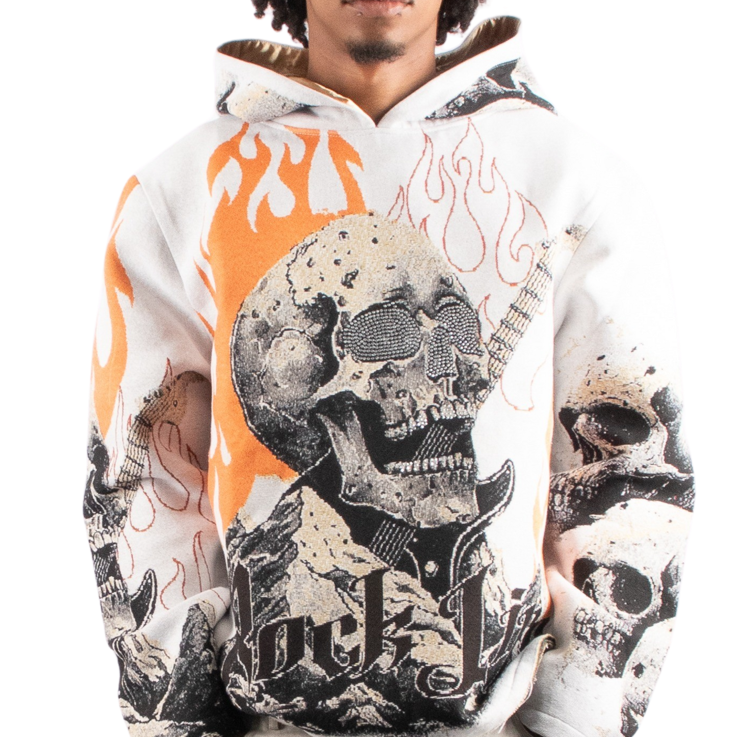 "Rock_life" Tapestry Rhinestone Beige Hoodie