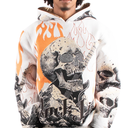 "Rock_life" Tapestry Rhinestone Beige Hoodie