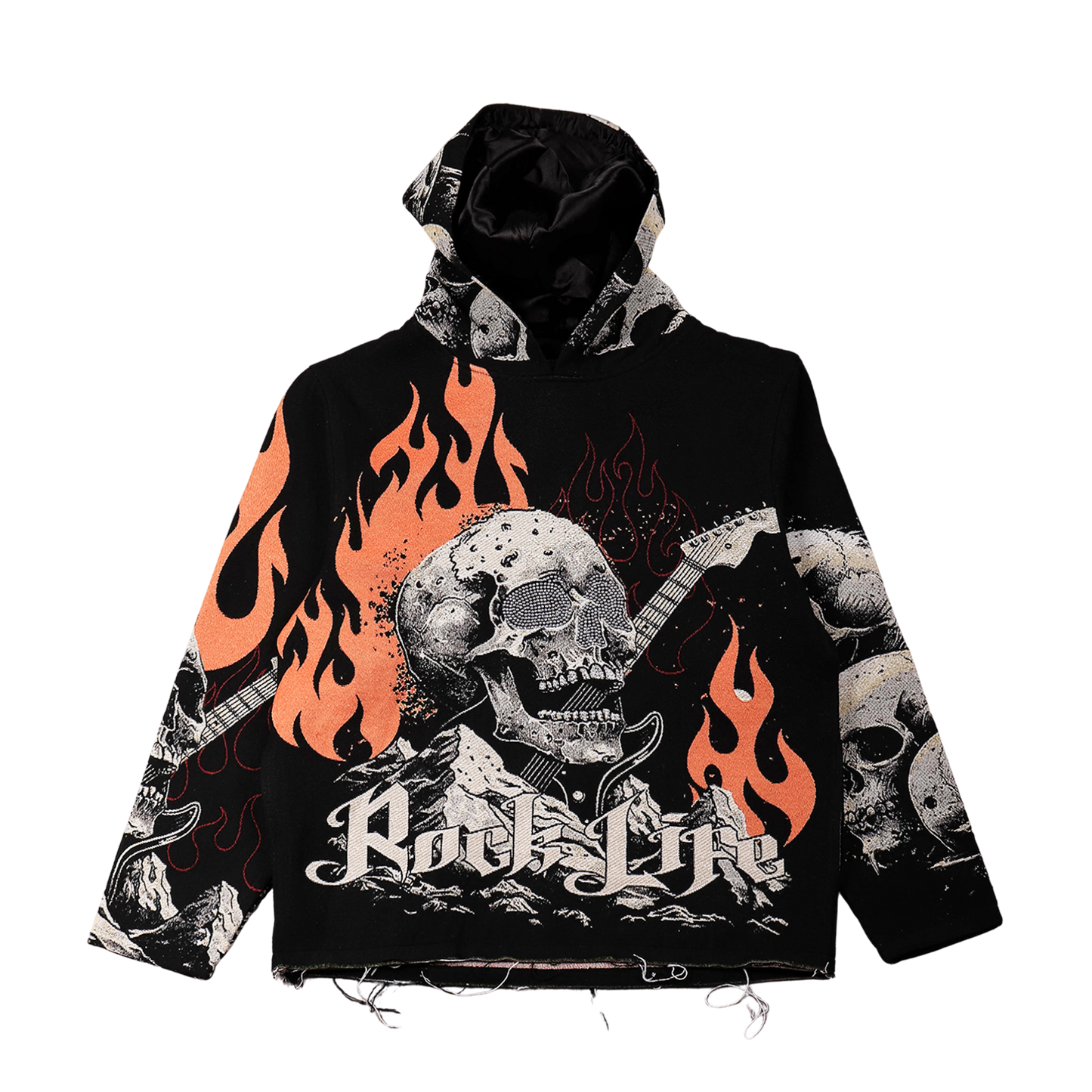 "Rock Life" Tapestry Rhinestone Black Hoodie