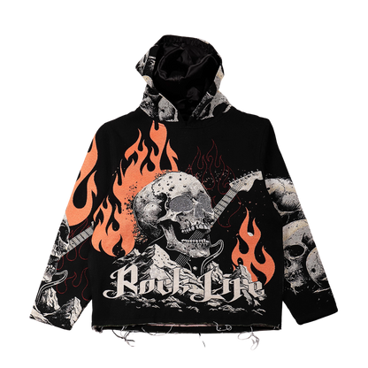 "Rock Life" Tapestry Rhinestone Black Hoodie