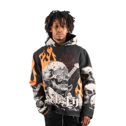 "Rock Life" Tapestry Rhinestone Black Hoodie