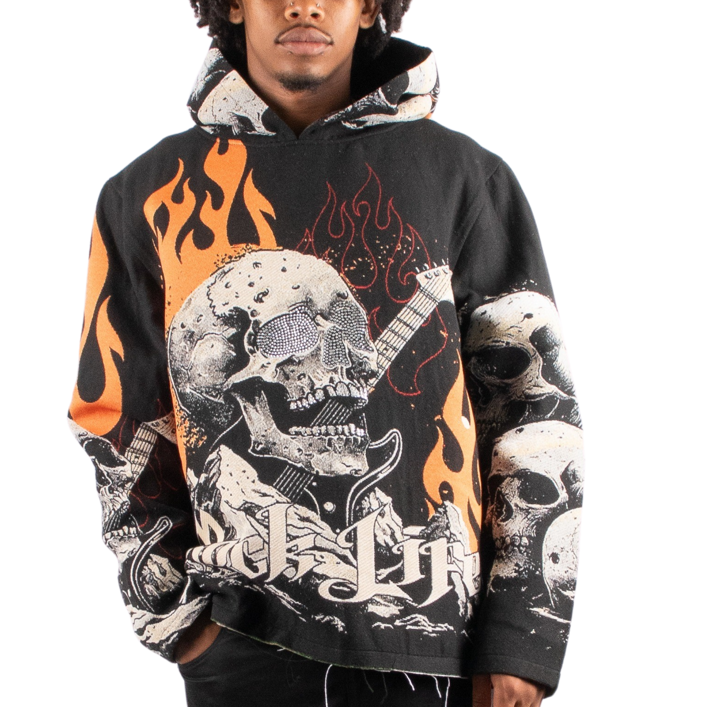 "Rock Life" Tapestry Rhinestone Black Hoodie